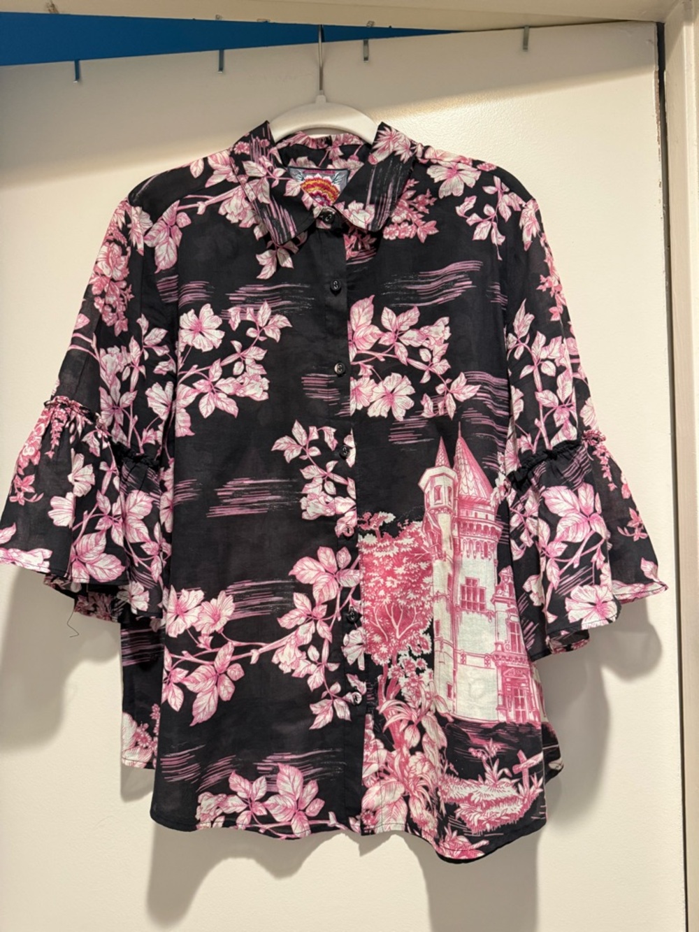 Johnny Was Black Button-Down Shirt with Pink Floral & Scenic Print